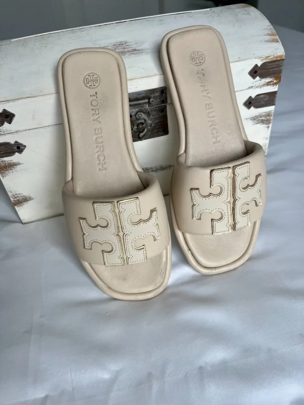 Tory Burch Double T Sport Slide Sandals Sz 6.5 Dulce De Leche Napa Leather Gold - Picture 12 of 13